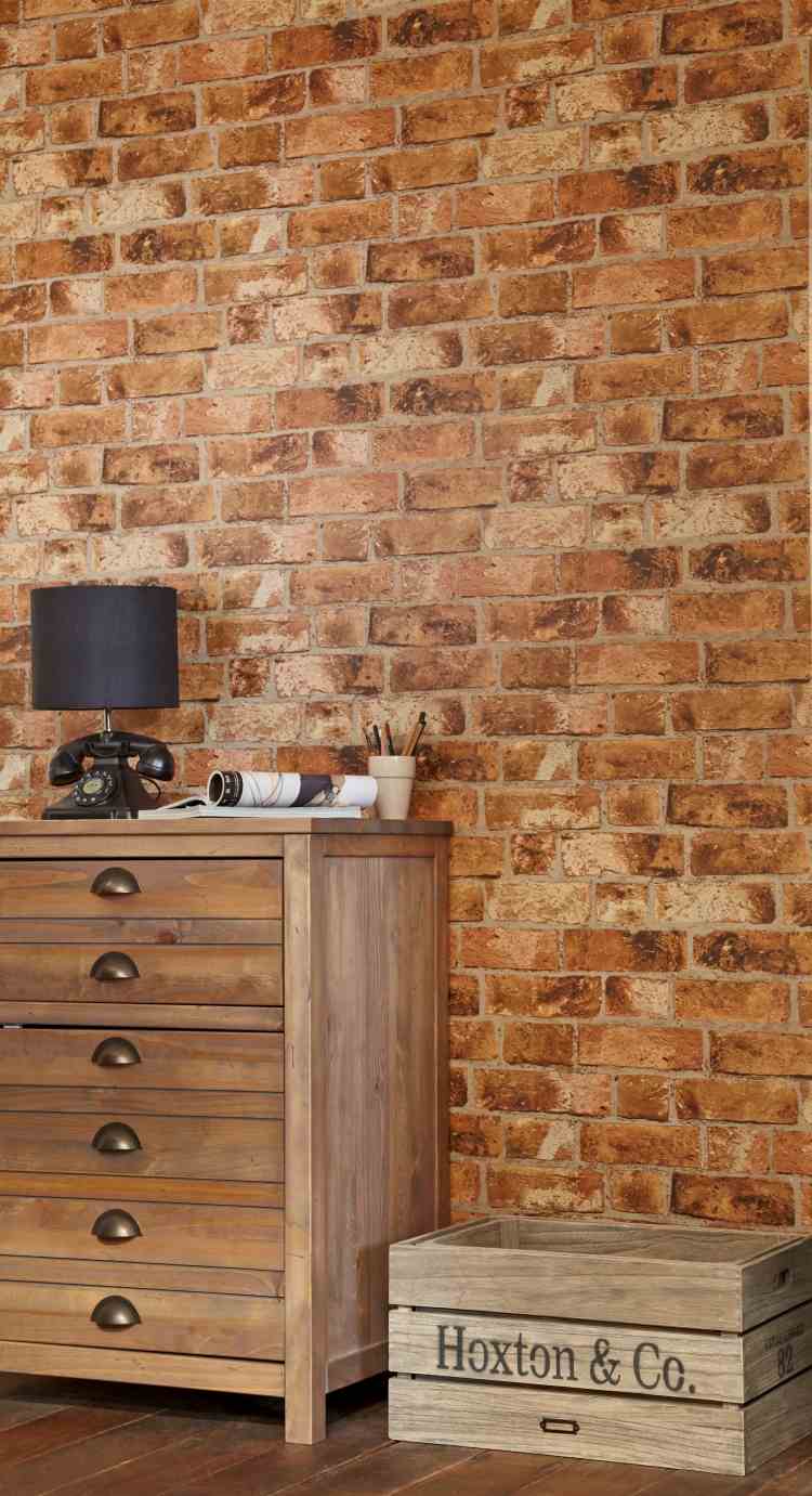 tegel-tapet-vägg-design-vintage-rustik-byrå-sängbord-trälåda-deco