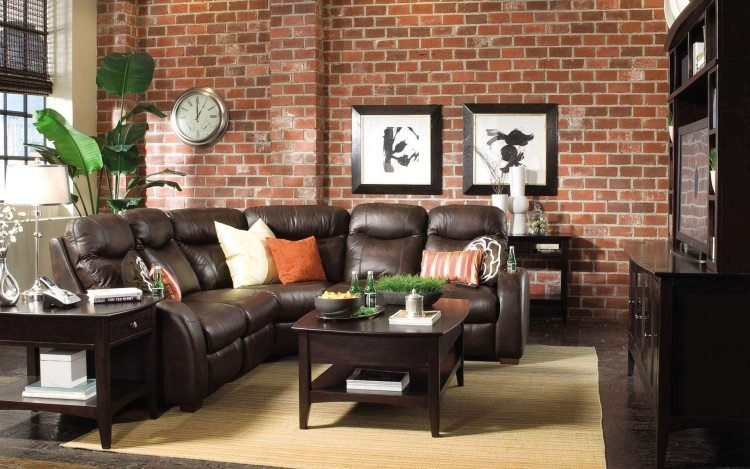 Tegel tapeter-vägg design-vardagsrum-soffa-mörkbrunt-läder-tv-vägg