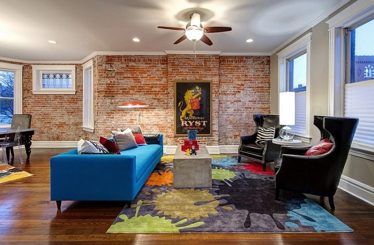 Tegel tapeter-vägg design-vardagsrum-färg-möbler-matta-unt-extravagant