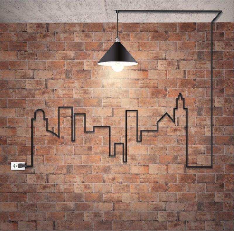 tegel-tapet-vägg-design-industriell-design-industri-lampa-kabel-stad-silhuett-uttag