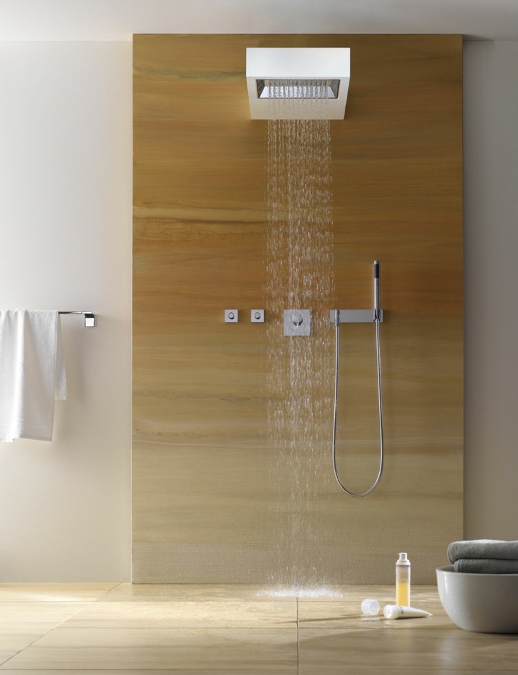 regnduschhuvud design modernt badrumsinredning kakel naturliga toner