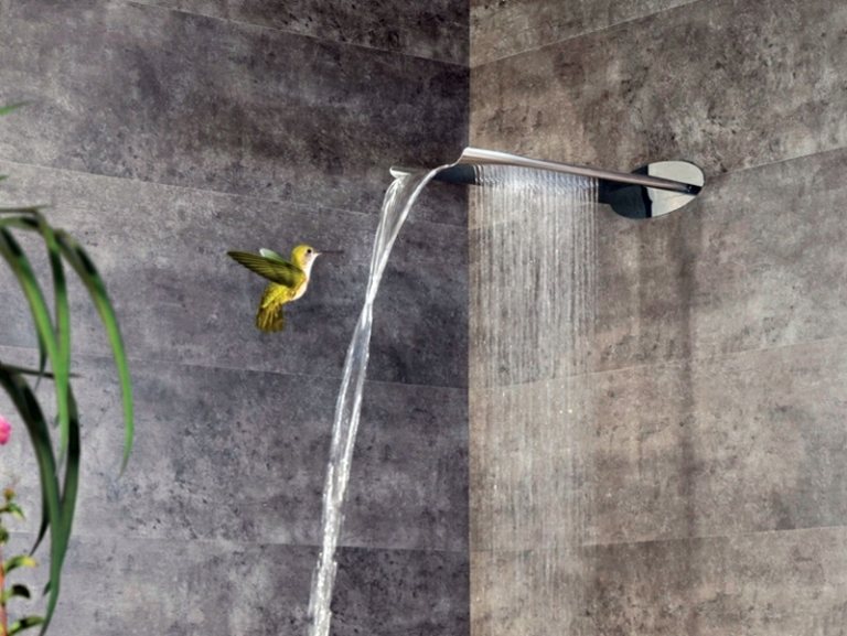 design modern badrumsinredning duschkran armatur kolibri växt grå