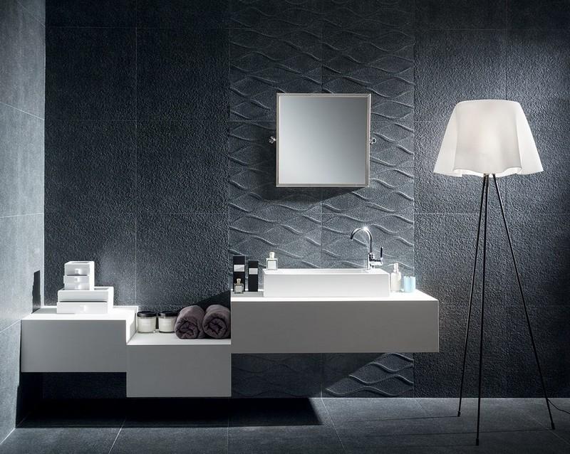 Badrumsdesign-grå-väggplattor-idéer-vita badrumsmöbler