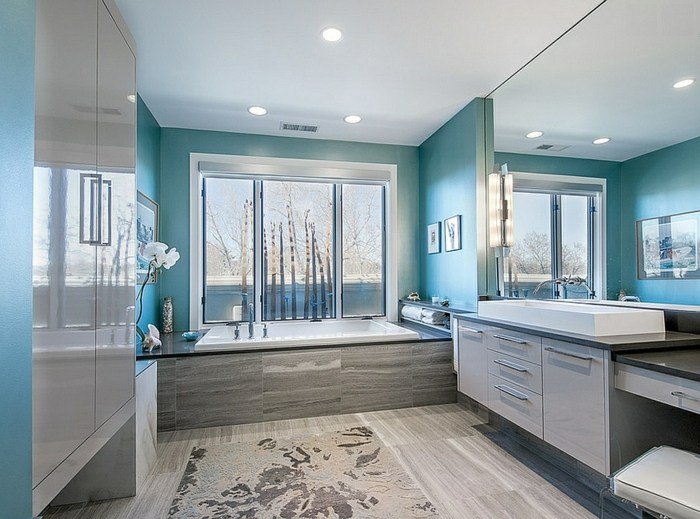 grå turkos design stor spegel badkar matta högglansig