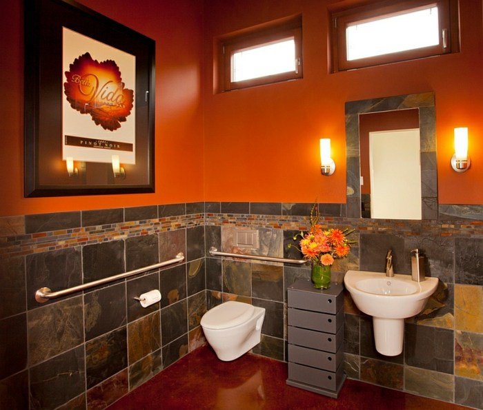 orange intensivt badrum inredning design kakel sten