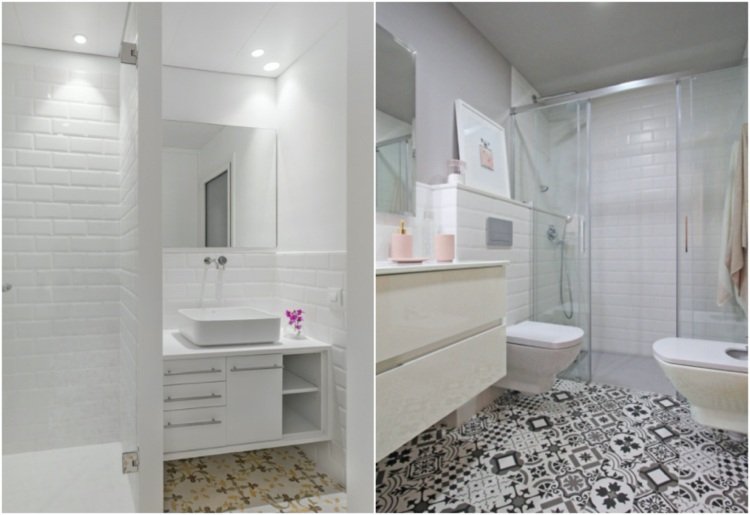 vita badrumsplattor för väggar och mönstrade golvplattor