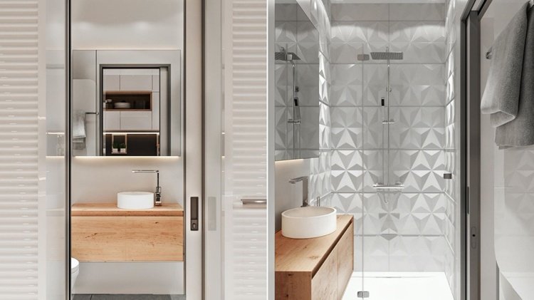 litet smalt badrum med dusch 3D -väggplattor och fåfänga i trä