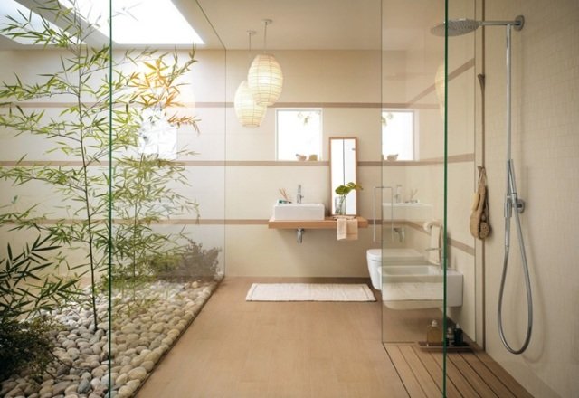 badrum asiatisk zen känsla glas dusch vägg bygga grus bambu