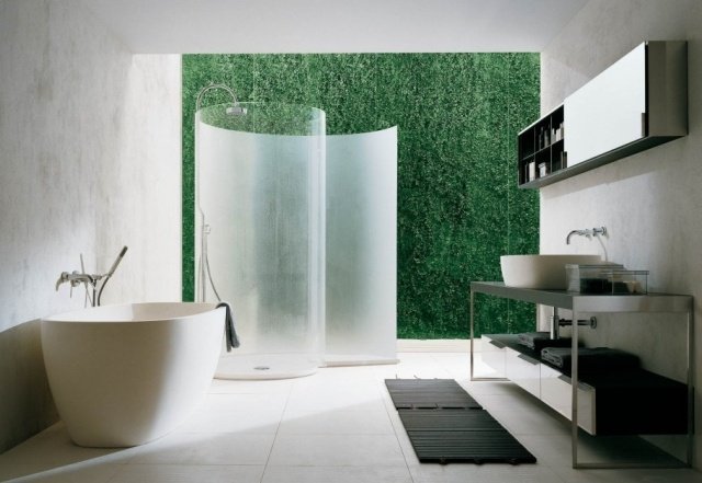 badrum duschkabin böjd badkar grön vägg