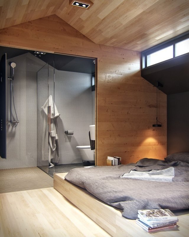 Badrum med dusch sovrum öppen träpanel