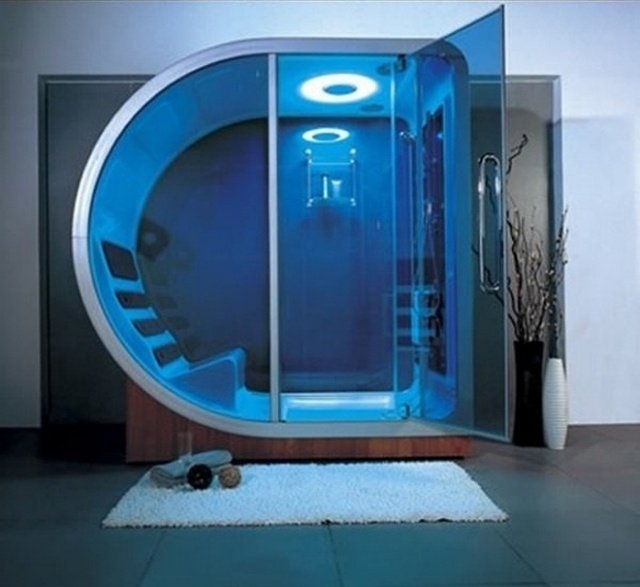 futuristisk duschkabin blå LED -belysning