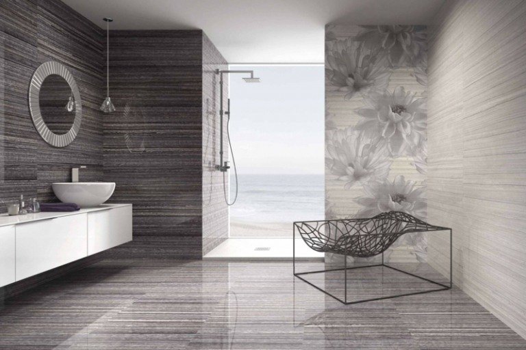 badrum med dusch öppna elegant modern grå design stol metall dekor