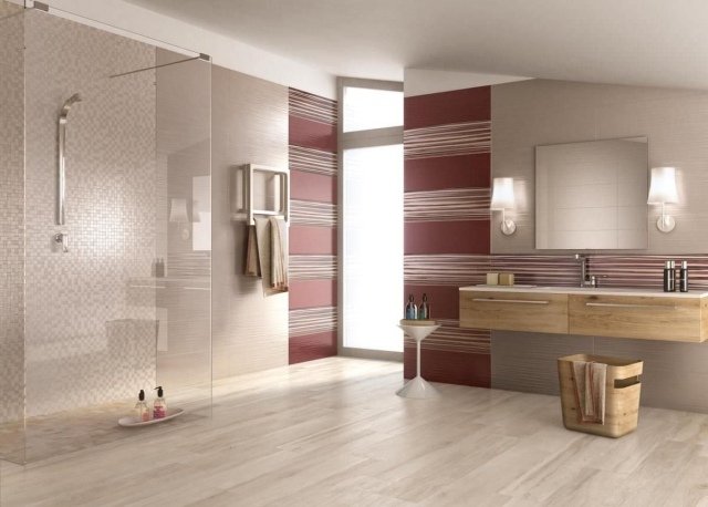 Väggdesign-i-badrum-duschkabin-mosaikplattor-keramiska plattor-randig-miljövänlig