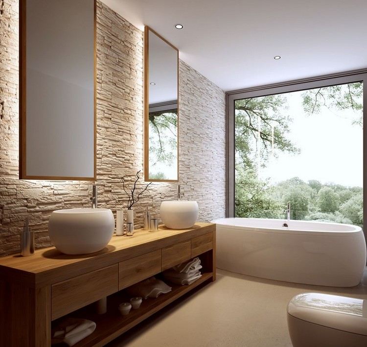badrum-utan-kakel-natursten-vägg-trä-fåfänga-spegel-bakgrundsbelysning