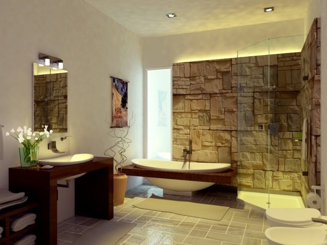 zen badrum utan kakel natursten väggglas duschkabin trä handfat