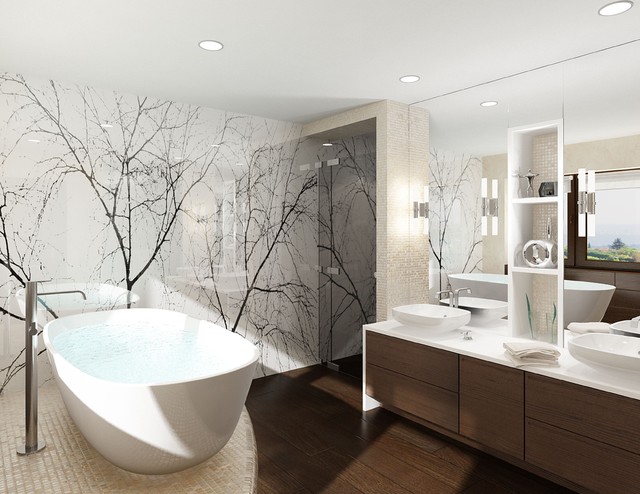 badrum utan kakel väggglaspaneler dekorativt trägolv