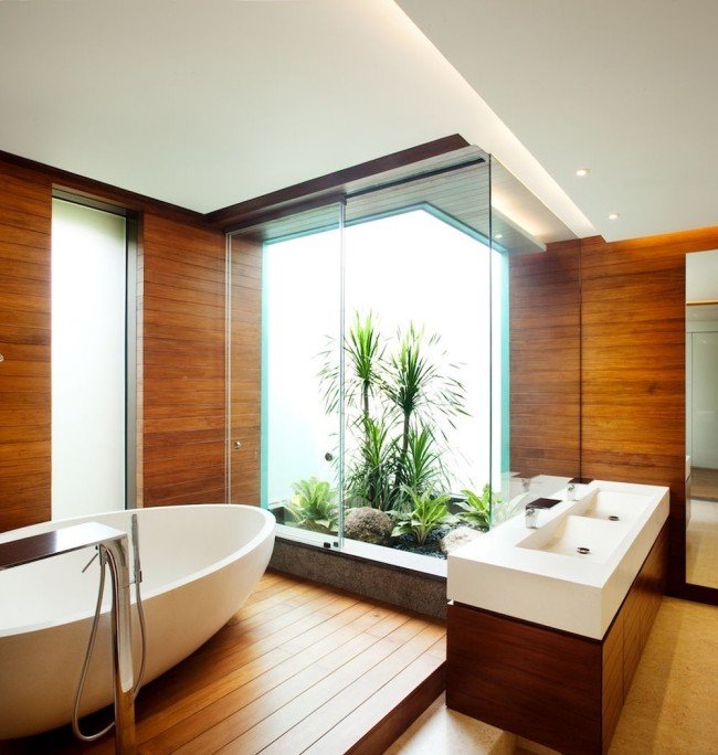 badrum alternativ till kakel trä väggbeklädnad zen trädgård skjutdörrar