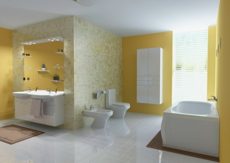 färg i badrummet gul vägg mosaikplattor vit golv badkar spegel