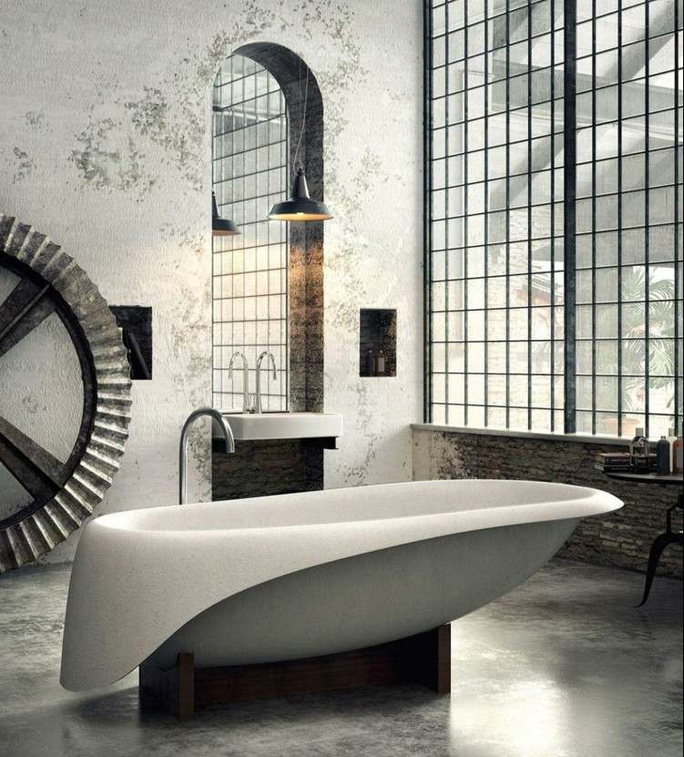 Badkar-badrum-fristående-grädde-färg-fin betong-oval-piedestal-trä-möbler-betong-mjukt glas1989