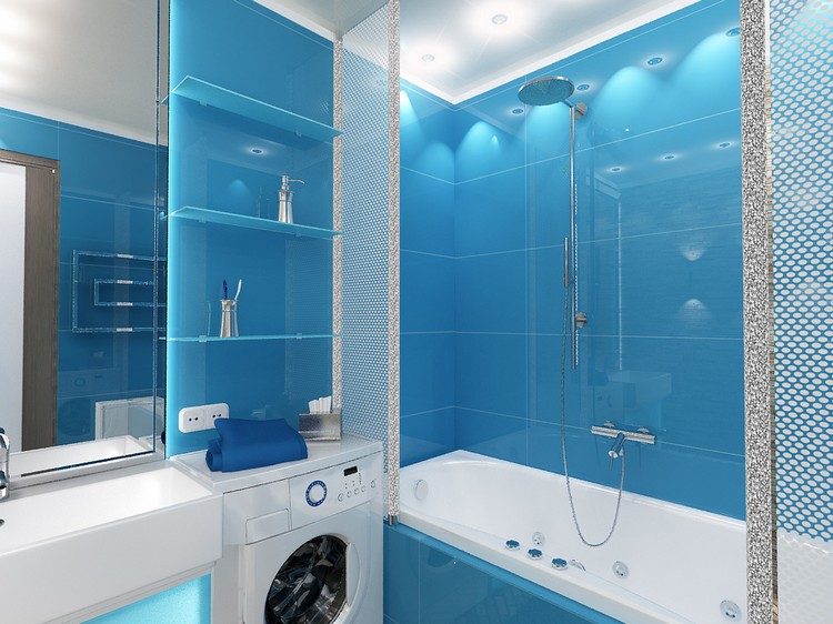badrum 6 qm designmöbler renovering tvättmaskin badkar massage funktion spegel blå kakel