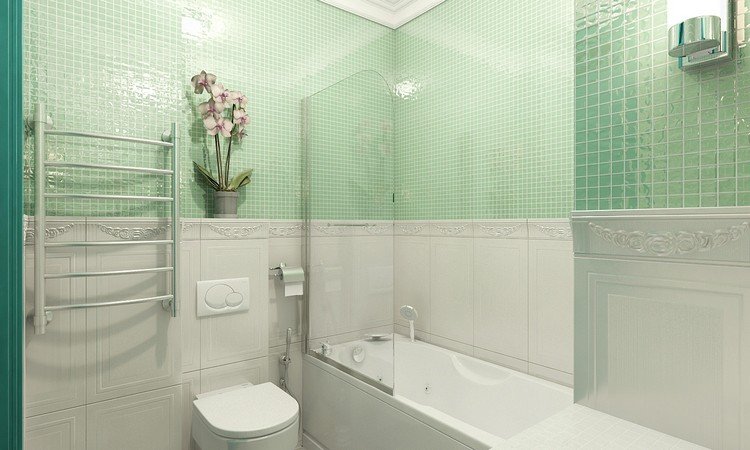badrum 6 qm designmöbler renovering handdukshållare badkar reflekterande kakel ljusgrön blomma