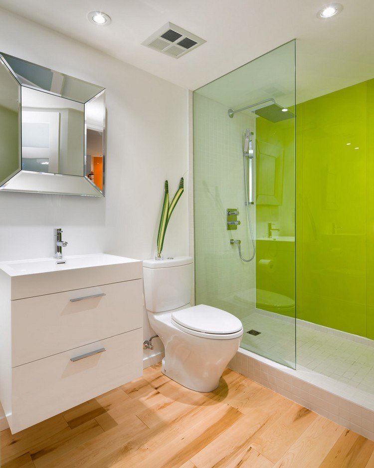 badrum-tak-ljus-led-infällda spotlights-duschkabin-glas-vägg-grönt