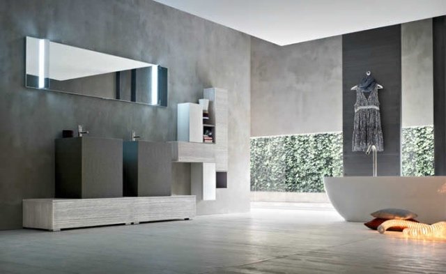 Badrum-design-möbler-utrustning-grå-vägg gips-minimalistisk