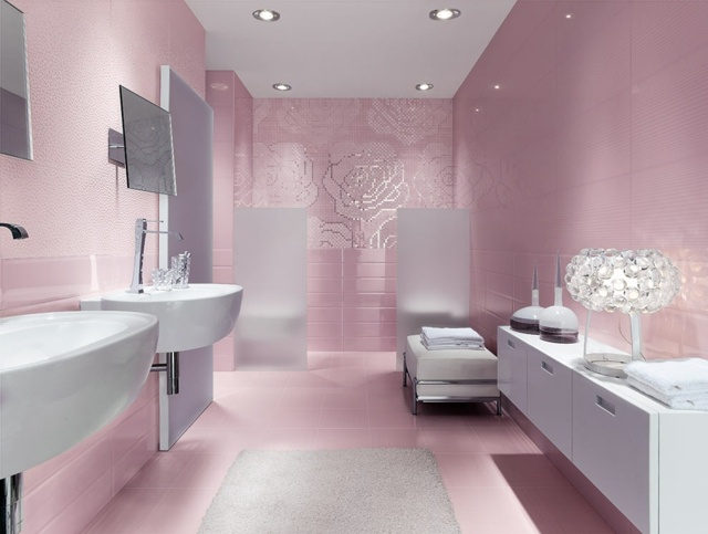 Baby-rosa-kakel-3D-rosa-blomma-mönster-vit-möbler