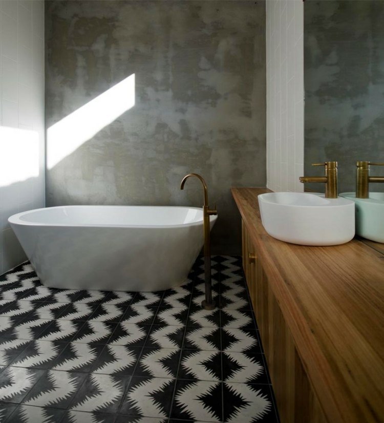 måla badrumsplattor golv sicksack svartvitt vägg betong utseende