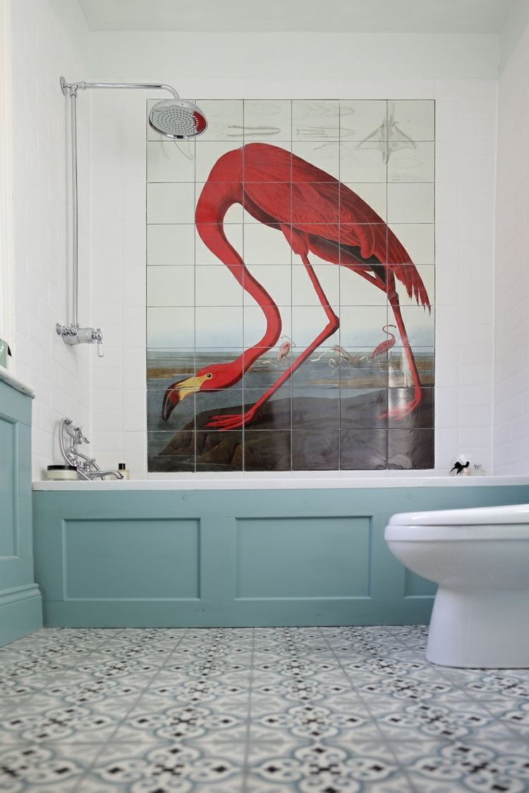 måla badrum kakel flamingo fågel bild idé vägg