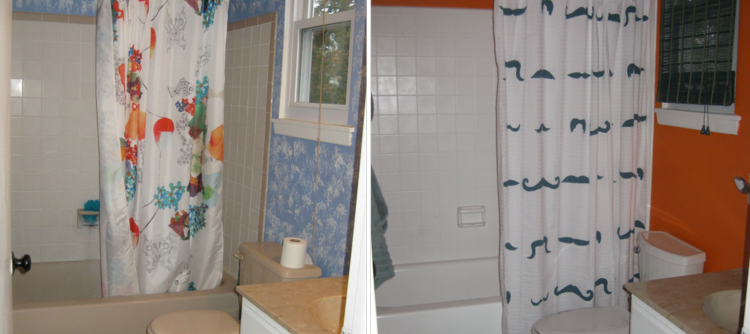 måla badrumsplattor före efterbild vit duschdraperi orange vägg