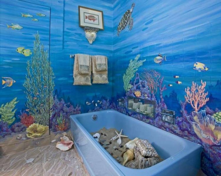 badrum kakel målning ocean vägg målning badkar design