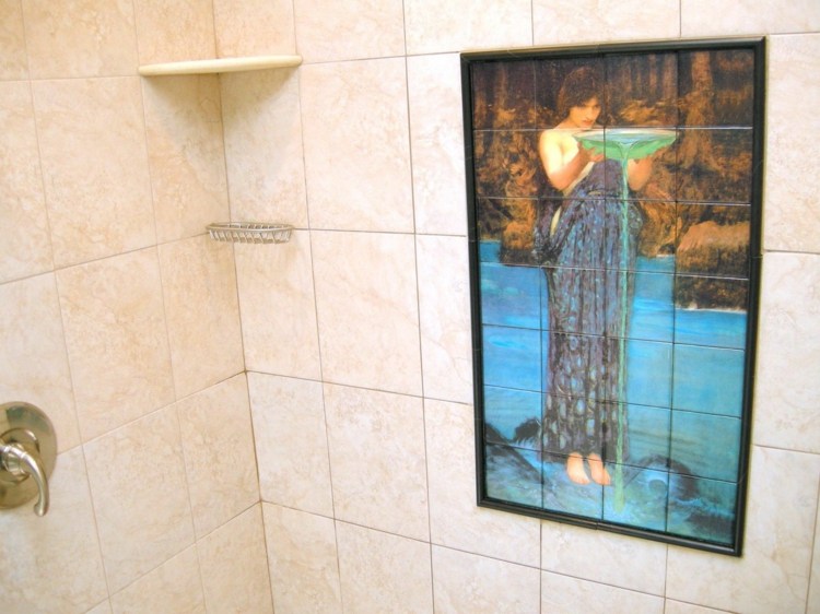 badrum kakel målning ram kvinna motiv konst dusch