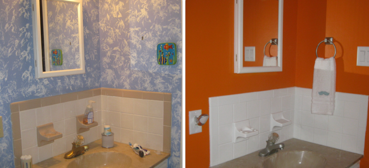 måla badrum kakel handfat design före efter efter blå orange