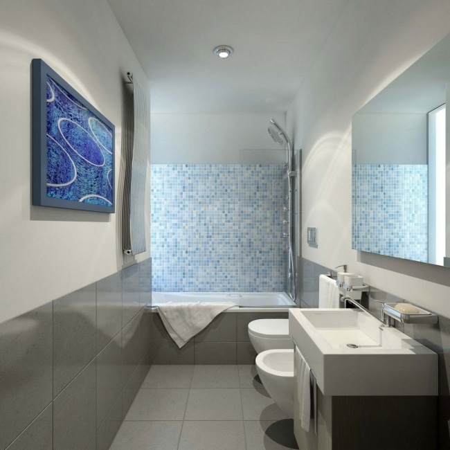 små badrum kakel val mosaik blå badkar storformat golvplattor