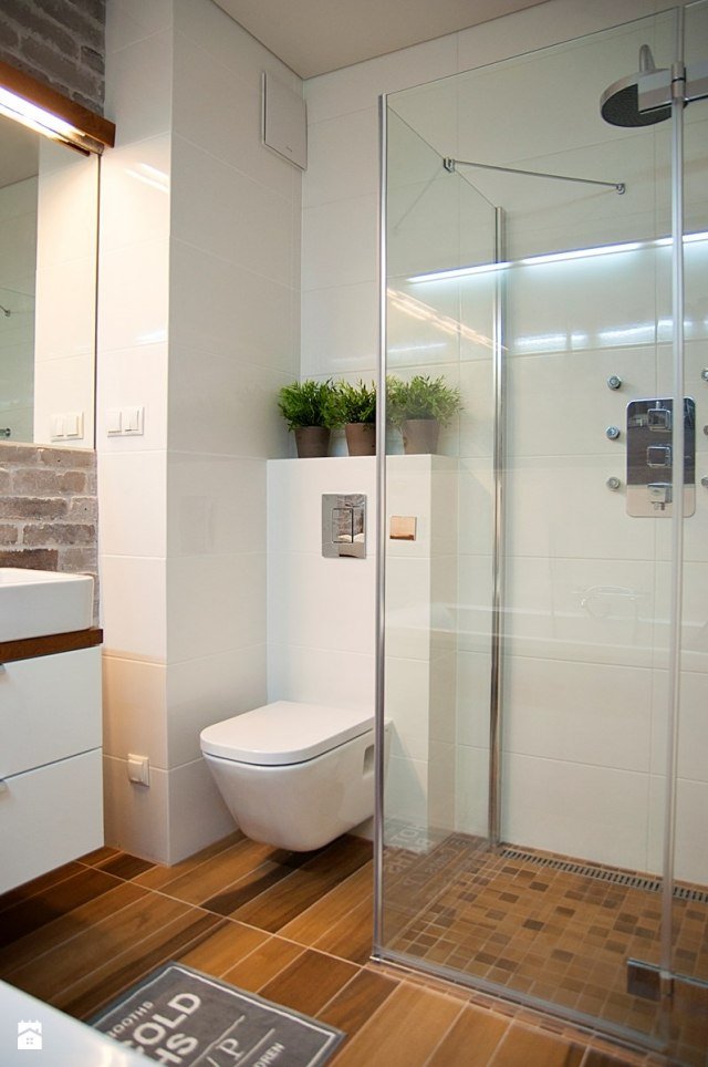 Idéer för badrumsdesign-golvplattor-trä-look-golv-nivå dusch