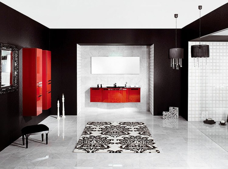 lyxigt badrum svart vit röd accentkonsol plattor högblank marmor