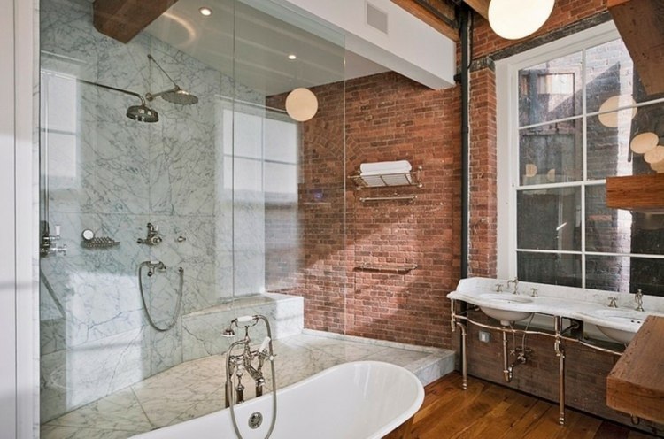 industriell stil badrum design rör duschrum tegelvägg