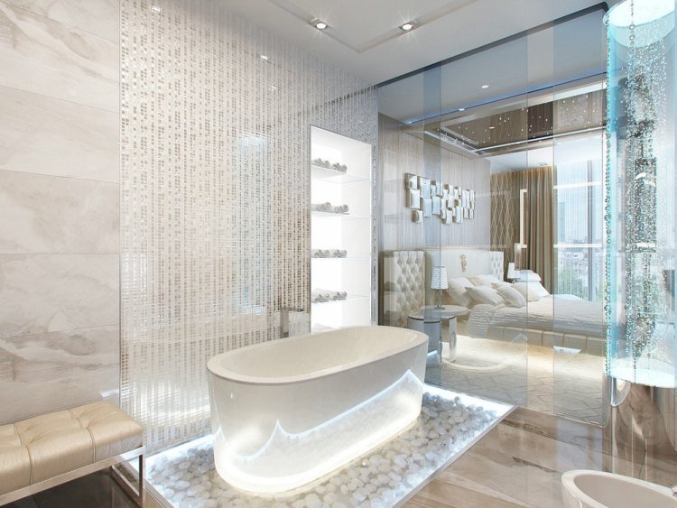 Badrumsidéer 2015 glasvägg-sovrum-fristående-badkar-led-belysning