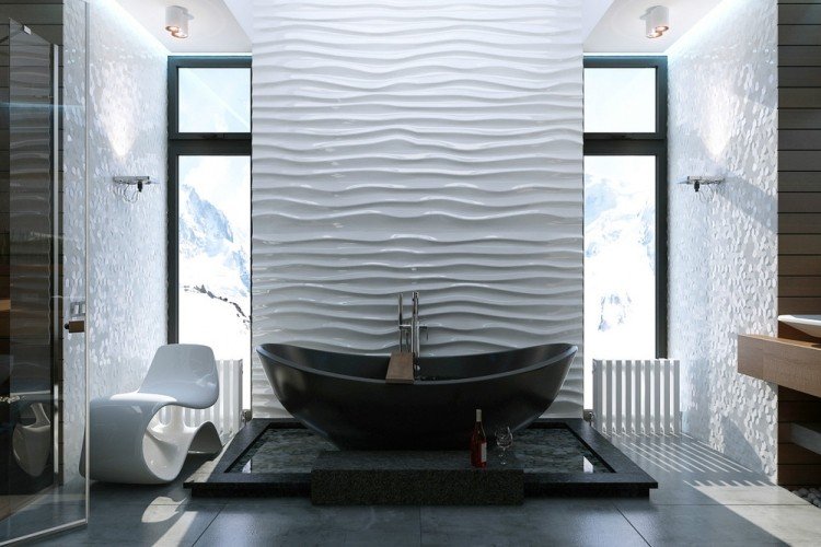 Badrumsidéer 2015 -svart-fristående-badkar-3d-väggpaneler
