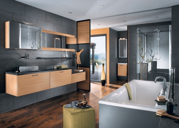 badrumsidéer moderna trägolv badrumsmöbler svarta väggplattor