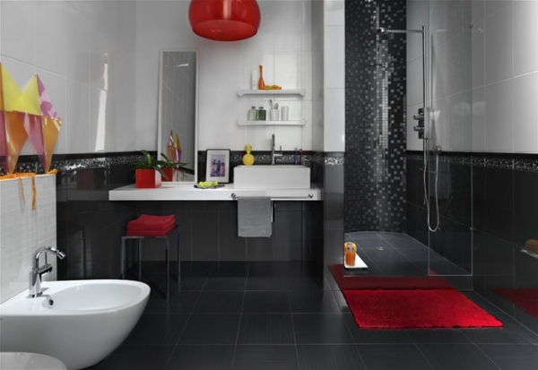 badrum design design svart rött glas duschkabin mosaik