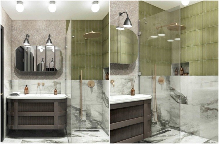 badrum 70 -tal grönt kombinerat med grå marmorplattor och mässingsbeslag