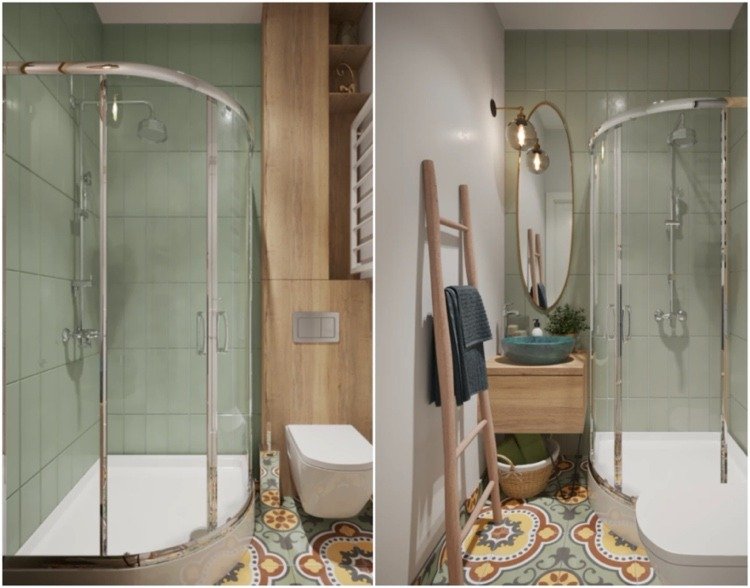 Grönt badrum i trä med mönstrade golvplattor som accent