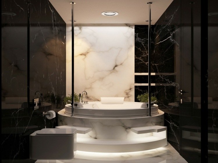 marmor badrum svart vitt badkar oval