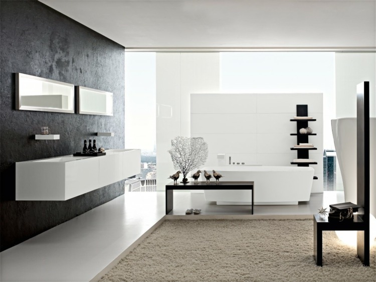 badrum i svart beige vit minimalistisk svart hylla