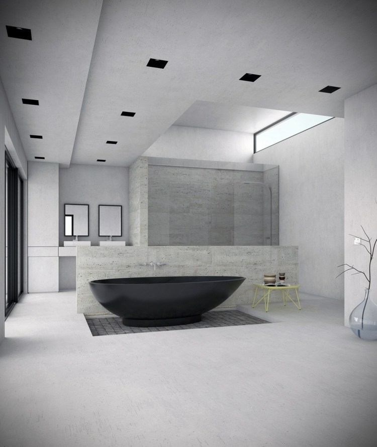 minimalistiskt badrum grå svart bad neongult