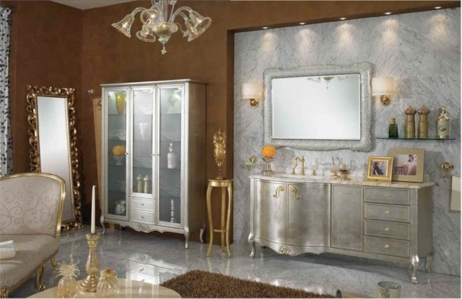 Klassiska badrumsdesign-möbler gesimser dekorerade prydnadsrika fronter