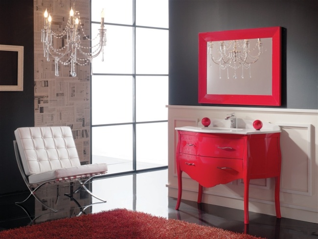 Mix av stilar idéer möbler badrum fåtölj spegel ram-röd vit-marcal design-hem-utrymmen