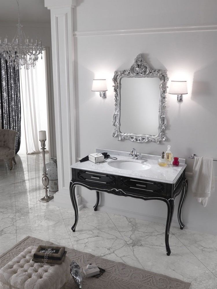 Badrumsmöbler i barockstil-lyx-svart-vit-bänkskiva-marmor-look